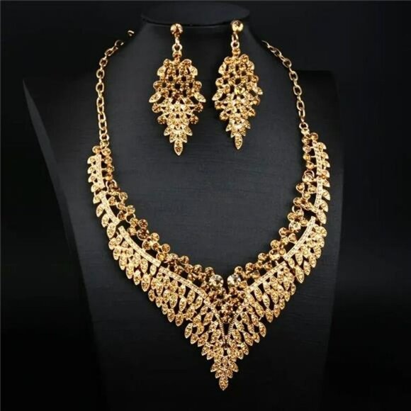 Gold Necklace Earrings Set Crystal Rhinestone Statement Wedding Bridal Jewelry - Picture 1 of 4